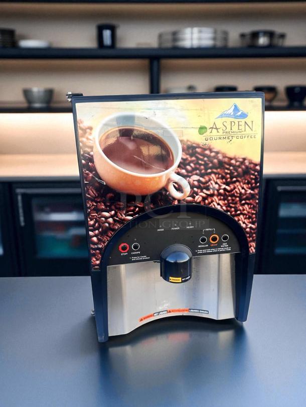 BUNN LCA-2 LP Hot Beverage Dispenser, dual flavor, 2-hopper. Fully tested, excellent condition. Aspen Premium Coffee graphic.