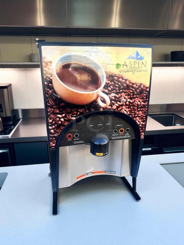 BUNN LCA-2 LP Hot Beverage Dispenser, dual flavor, 2-hopper, fully tested, excellent condition, Aspen Premium Coffee branding.
