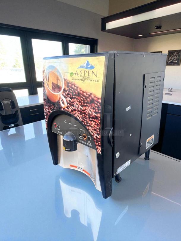 BUNN LCA-2 LP hot beverage dispenser, dual flavor, 2-hopper, fully tested, excellent condition, coffee design on front.