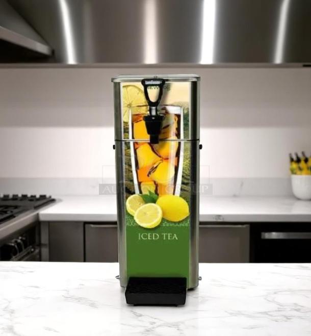 Newco FPM-1 stainless steel cold beverage dispenser, excellent condition, manual pour, iced tea label, fully tested.