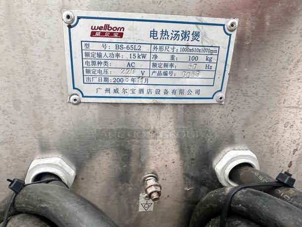 Wellborn BS-65L2 double-tank boiler, model plate displayed; 15kW, 220V, in excellent condition, fully tested and working.