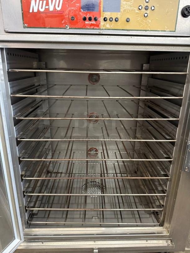 Nu-Vu SUB-123P double deck electric oven proofer combo, fully tested, 208V/3 Phase, interior view with racks, model panel visible.