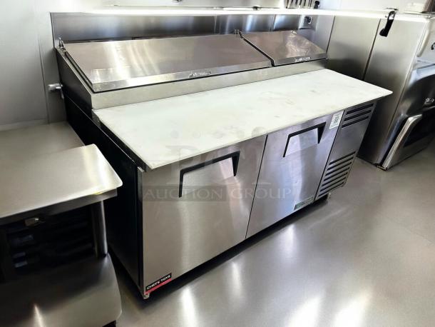 True TPP-AT-67-HC pizza prep table, 67", stainless steel, refrigerated base, tested, working condition, Chef’s Toys tag.