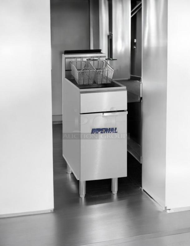 Imperial IFS-40-NG 40 lb. gas fryer, like new condition, tube-fired, 105,000 BTU, stainless steel build, Corona, CA.