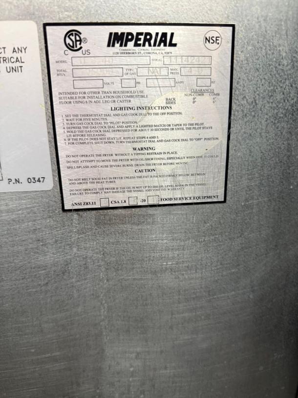 Imperial Range IFS-40-NG 40 lb. tube-fired gas fryer label, shows model, natural gas use, 105,000 BTU, instructions.