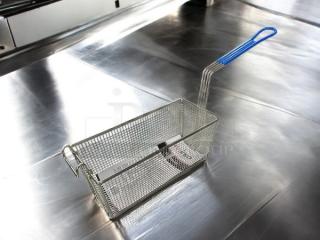 Brand new Winco FB-20 fry basket, 13-1/4" x 5-3/4" x 5-5/8", blue handle, stainless steel, ideal for commercial use.