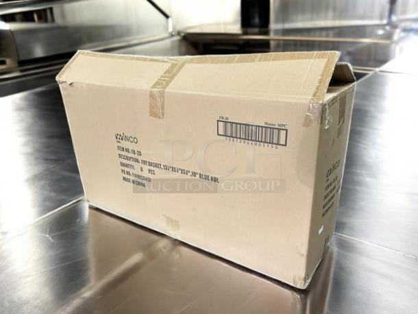 Box containing six new Winco Model FB-20 fry baskets, 13-1/4" x 5-3/4" x 5-5/8", with blue handles.
