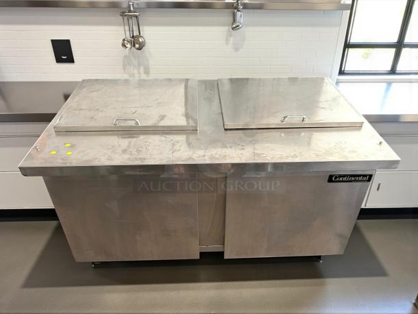 Continental Refrigerator SW60-24M 60” prep unit, stainless steel, dual lids, tested and working, brand label visible.