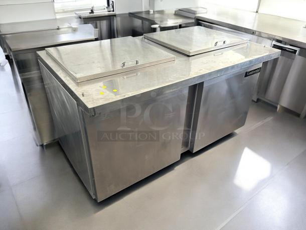 Continental Refrigerator SW60-24M 60” prep unit, stainless steel, dual lids, tested working, ideal for sandwiches/salads.