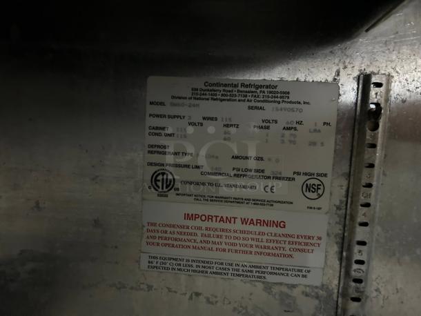Alt text: Label of Continental Refrigerator SW60-24M, showing model, power supply, refrigerant type, and safety certifications.