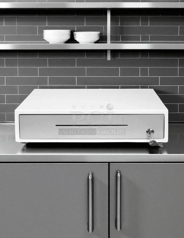 Brand new Clover D100 cash drawer with key lock, heavy-duty POS equipment. Retail ready in original box.