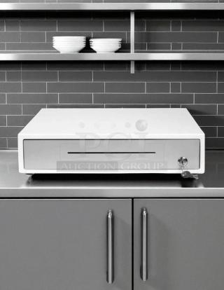 Brand new Clover D100 cash drawer with key lock, heavy-duty POS equipment. Retail ready in original box.