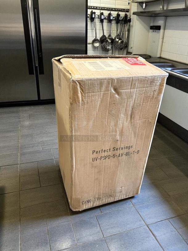 Brand new Perfect Servings UV-PSPD-5-AV-BL-T-B automatic powder dispenser in sealed packaging; 120V, 60Hz, commercial-grade.