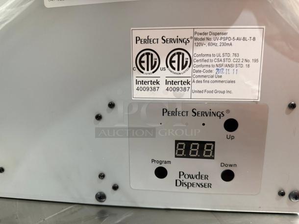 Brand new Perfect Servings automatic powder dispenser, model UV-PSPD-5-AV-BL-T-B. Features commercial-grade 120V, 60Hz.
