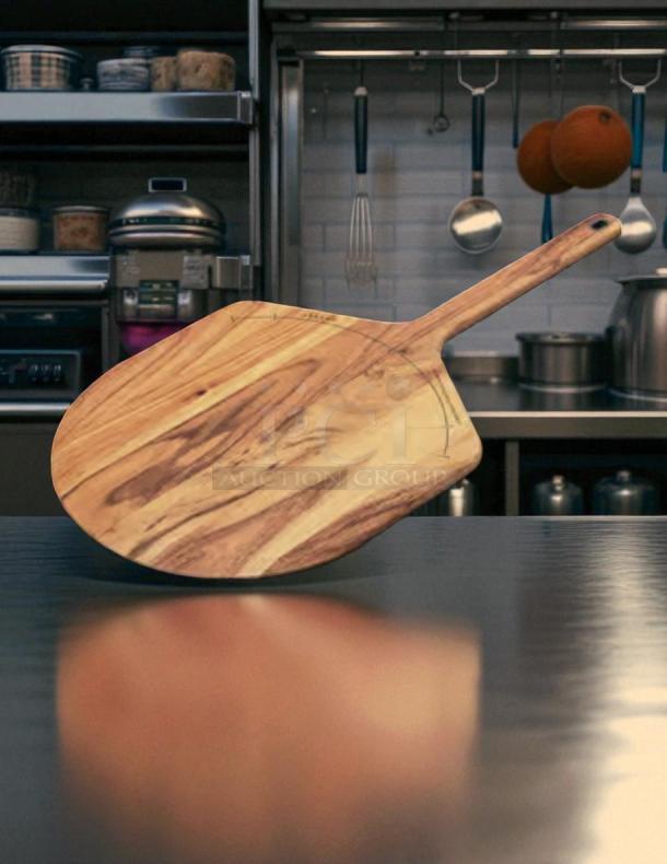 Large Gozney Acacia Wood Pizza Peel in excellent condition, 14" size, natural acacia finish, perfect for pizza ovens.
