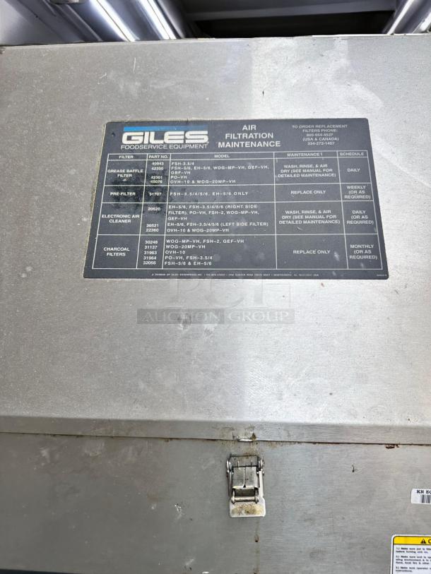 Giles WOG-MP-VH Electric Fryer with Ventless Hood in outstanding condition, 208V/3Ph, features maintenance label.
