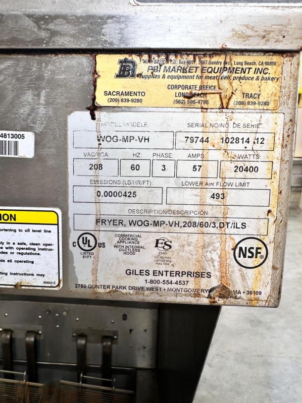 Giles WOG-MP-VH Electric Fryer with ventless hood, model and serial numbers displayed, NSF and UL listed, 208V/3Ph.