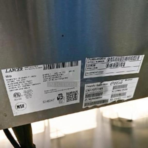 Lancer IBD 4500 soda fountain dispenser label indicating model, voltage, and NSF certification. Immaculate condition.