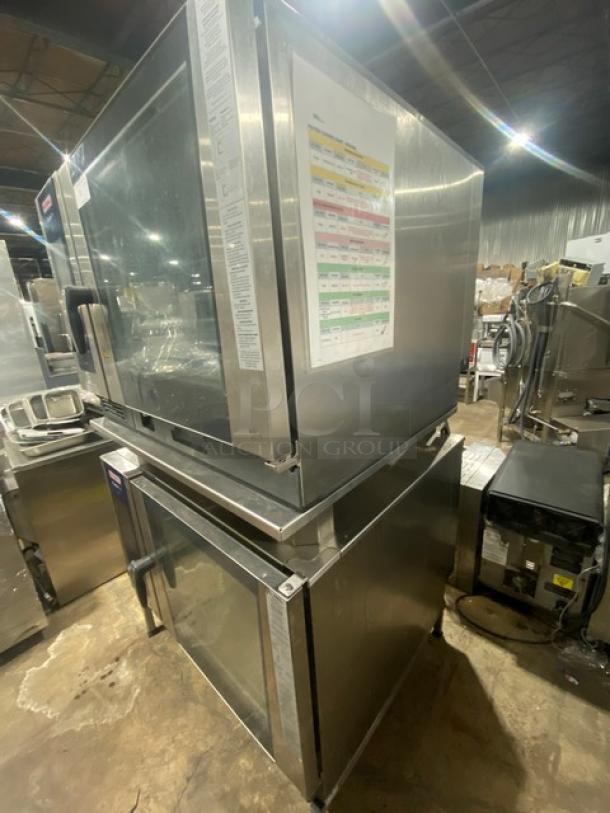 Rational iCombi Pro double stacked combi oven, stainless steel, model LM100CGAXXXX, on legs, with wired rack, 208/240V, 1 phase.