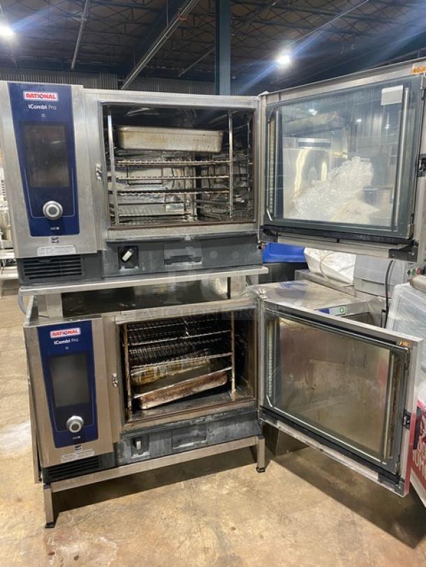 Rational iCombi Pro Series double stacked combi oven, model LM100CGAXXXX, stainless steel, natural gas, 208/240V, with wired rack, on legs.