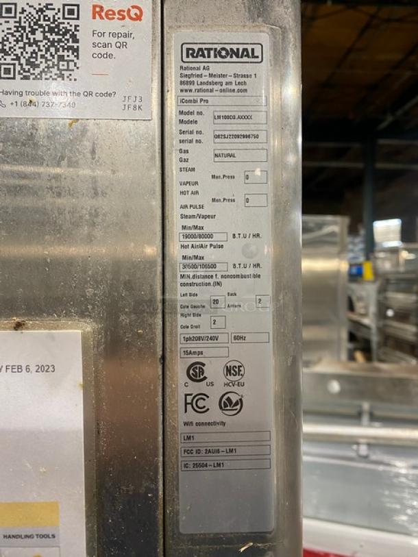 Rational iCombi Pro stainless steel gas double stacked combi oven, Model LM100CG.AXXXX, with wired oven rack, labels visible.