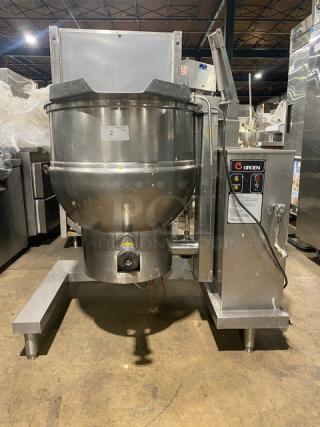 Groen DHT/1-40 stainless steel 40-gallon tilting steam kettle on legs. Gas powered, 120V, 1 phase; serial number 64233.