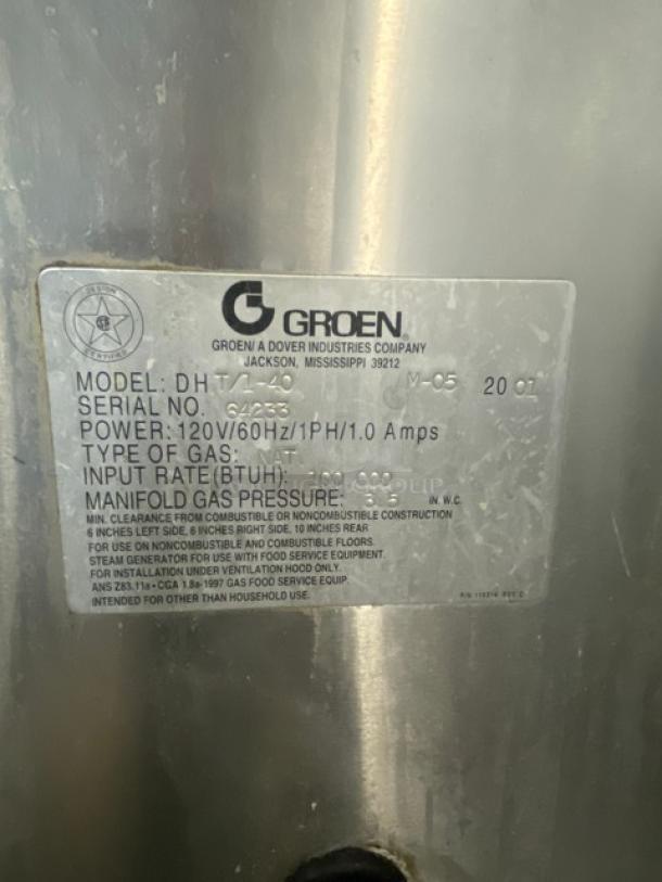 Groen DHT140 40 Gal. Tilting Steam Kettle, Stainless Steel, Natural Gas, SN: 64233, 120V 1 Phase, On Legs.