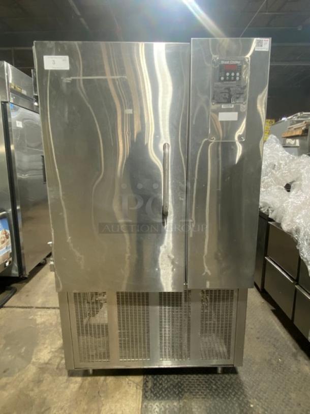 Randell BC18 stainless steel upright reach-in blast chiller, single door, digital control, model SN: W293559-1, on legs.