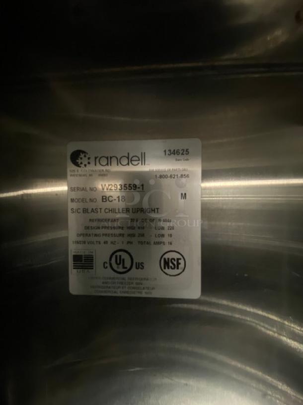 Randell BC18 Stainless Steel Upright Blast Chiller, digital control, model BC-18, SN: W293559-1, UL and NSF certified.