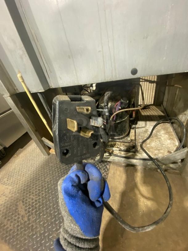 Randell BC18 stainless steel upright blast chiller. Features a solid single door, digital control, and legs. Model: BC-18 SN: W293559-1. Plug visible.