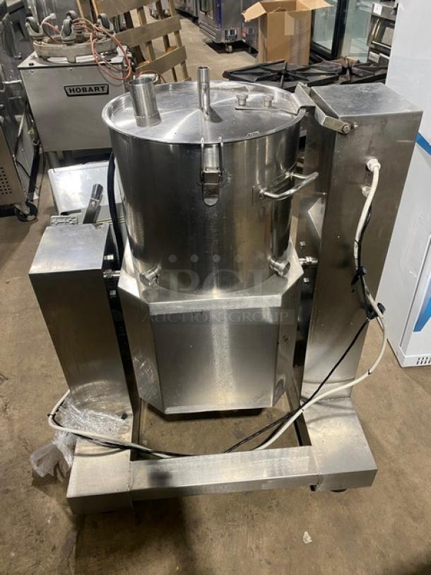Commercial stainless steel food processing machine with Yooyist digital timer, heavy-duty, electric powered, large capacity.