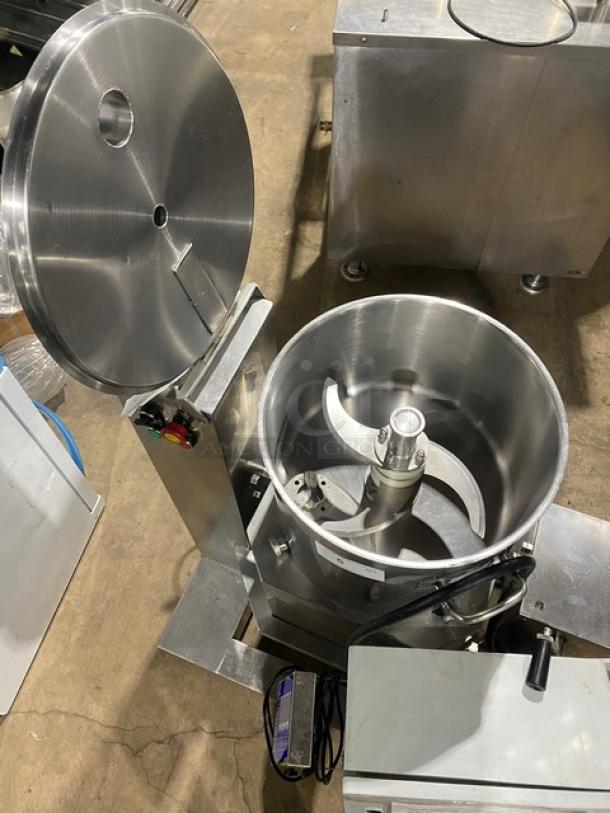 Commercial stainless steel electric food processing machine with Yooyist digital timer, open lid, heavy-duty condition.