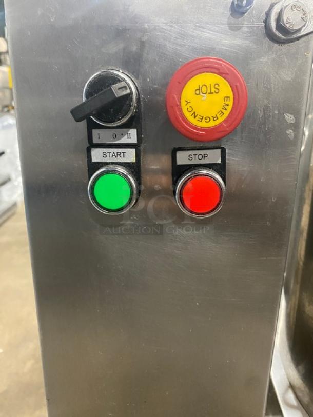 Stainless steel food processing machine with start, stop, and emergency stop buttons, featuring a Yooyist digital timer.