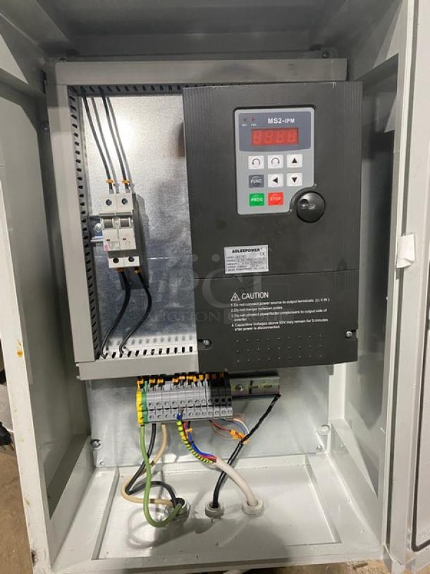 Commercial stainless steel electric food processing machine with Yooyist digital timer, new condition, features internal electrical panel with labeled wiring and display.