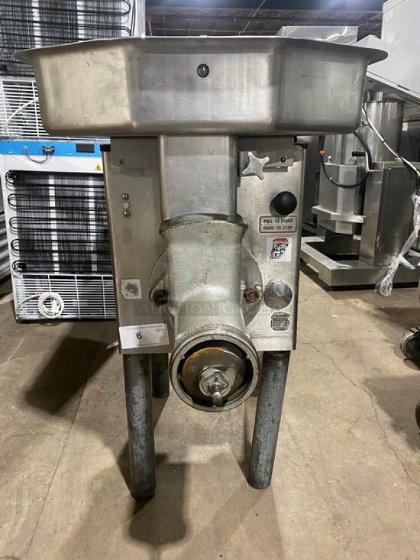 Hobart 4632A commercial meat grinder, electric-powered, heavy-duty, free-standing on legs, 200V, 3-phase, good condition.