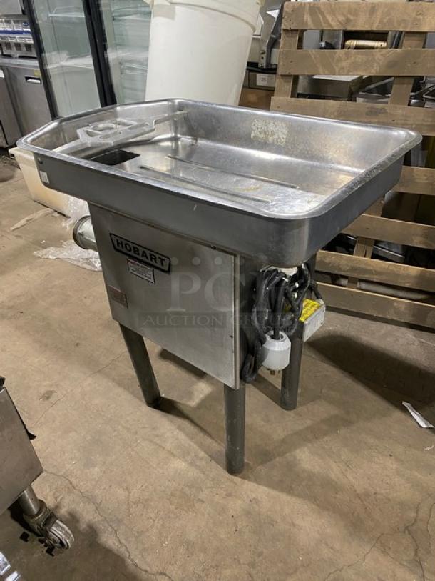 Hobart 4632A commercial meat grinder, electric-powered, stainless steel, free-standing on legs, 200V, 3 phase, serial 11-303-376.