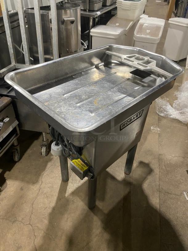Hobart Model 4632A heavy-duty commercial meat grinder, 200V, 3 phase, stainless steel, on legs, visible Hobart logo.