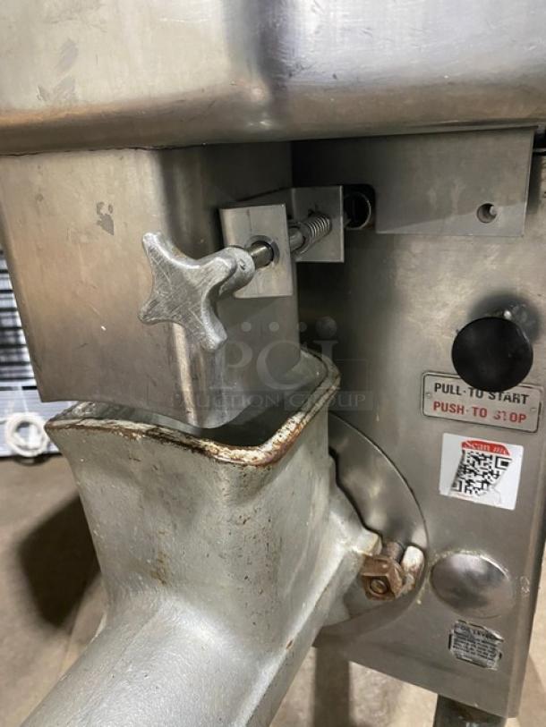 Hobart Model 4632A heavy-duty meat grinder, stainless steel, 200V, 3 phase, on legs, with start/stop controls.