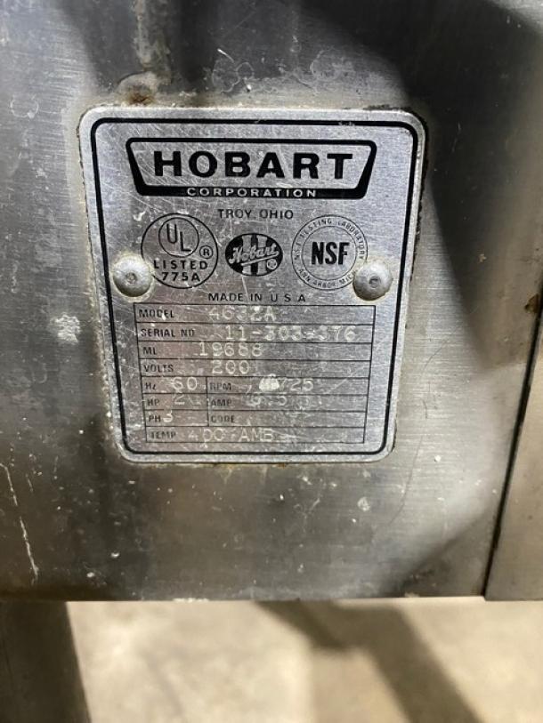 Hobart commercial meat grinder, model 4632A, serial 11-303-376, 200V, 3-phase, on legs, steel construction, UL and NSF listed.