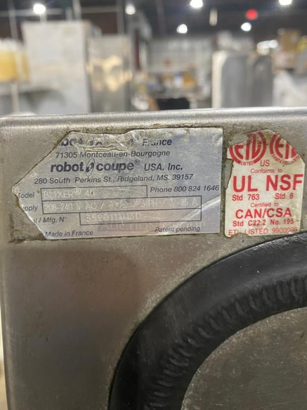 Robot Coupe BLIXER45 commercial food processor, stainless steel, 49.5 qt, 208-240V, 3-phase, labels visible, model info SN 3520111113D-02.
