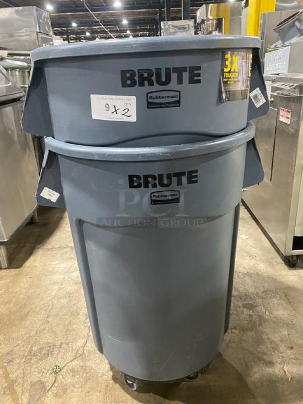 Rubbermaid BRUTE Series Commercial Gray 44 Gal. Trash Container with Dolly, in good condition, displayed in warehouse.