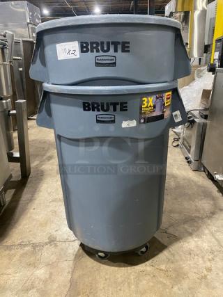 Rubbermaid BRUTE 44 Gal. Commercial Gray Trash Container with dolly, durable design, "3X Tougher" label prominently displayed.