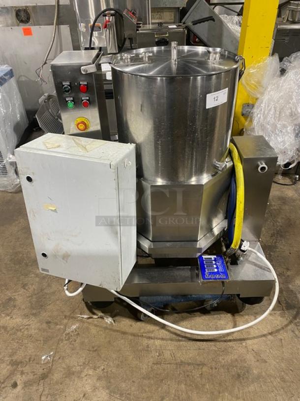 Commercial stainless steel food processing machine with two-speed cutter/mixer, electric-powered. Includes Yooyist digital timer.