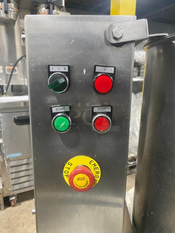 Commercial stainless steel 2-speed cutter/mixer with Yooyist digital timer. Features start/stop buttons and emergency stop.