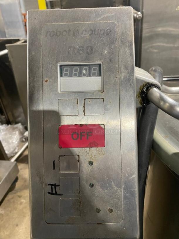 Robot Coupe R60 food processor, stainless steel, 66.5 Qt capacity, 2-speed, used condition, 208-240V, 3 phase. Visible control panel.