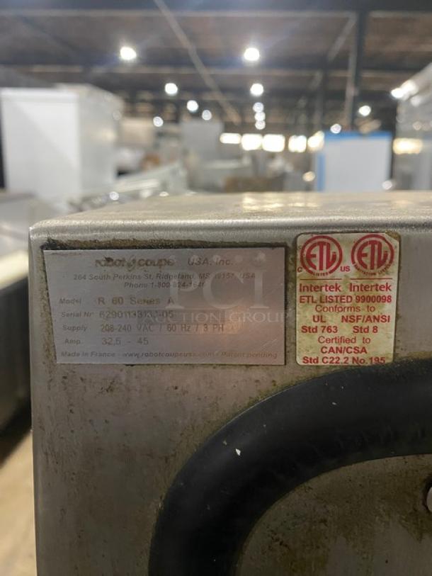 Robot Coupe R60 commercial food processor, stainless steel, 66.5 qt, 2-speed, 208-240V 3-phase, Model R60 SN 6290113313J-05.