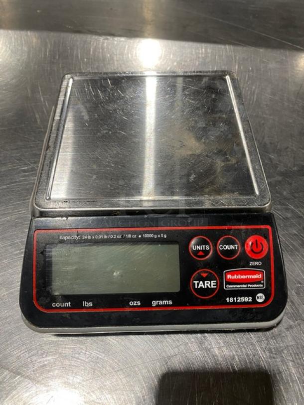 Rubbermaid Commercial stainless steel digital weight scale, 24 lb. capacity, Model 24FSD, LCD display, used condition.