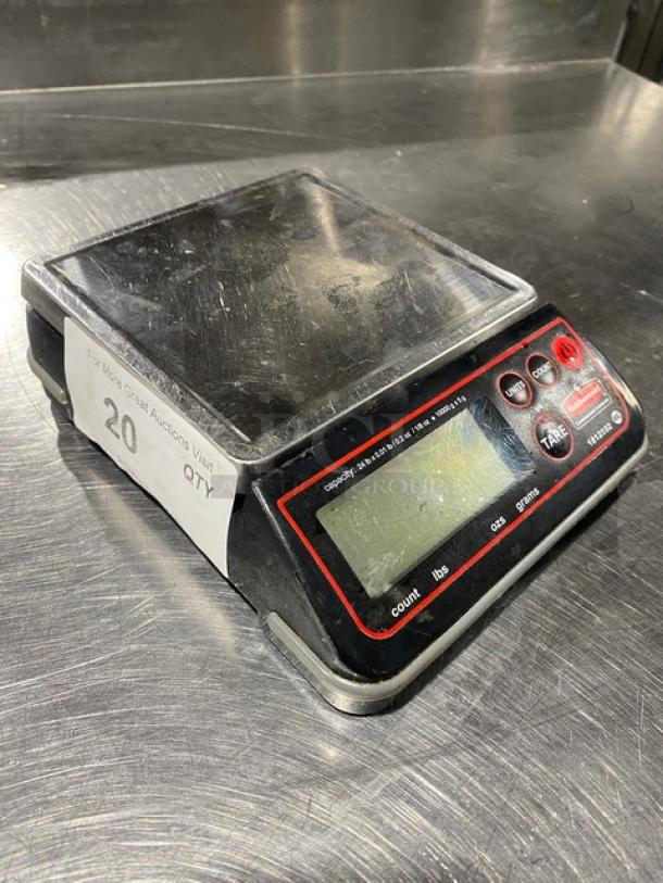 Rubbermaid Commercial Stainless Steel Digital Weight Scale, Model 24FSD, 24 lb. capacity, visible wear, serial number 000280.