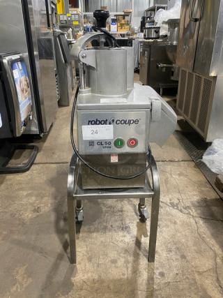 Robot Coupe CL50 Ultra food processor on cart, commercial-grade, continuous-feed, with control panel and branding visible.