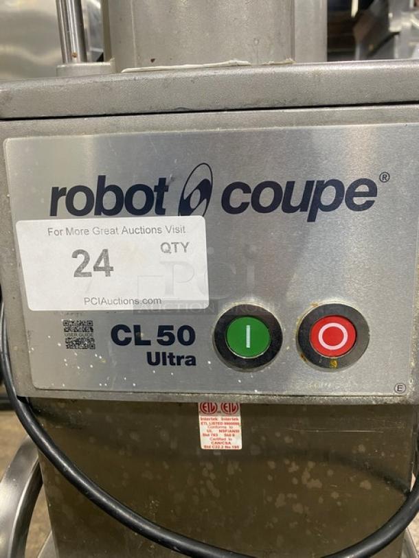 Robot Coupe CL50 Ultra food processor on equipment stand with legs and casters; features model labeling and control panel.
